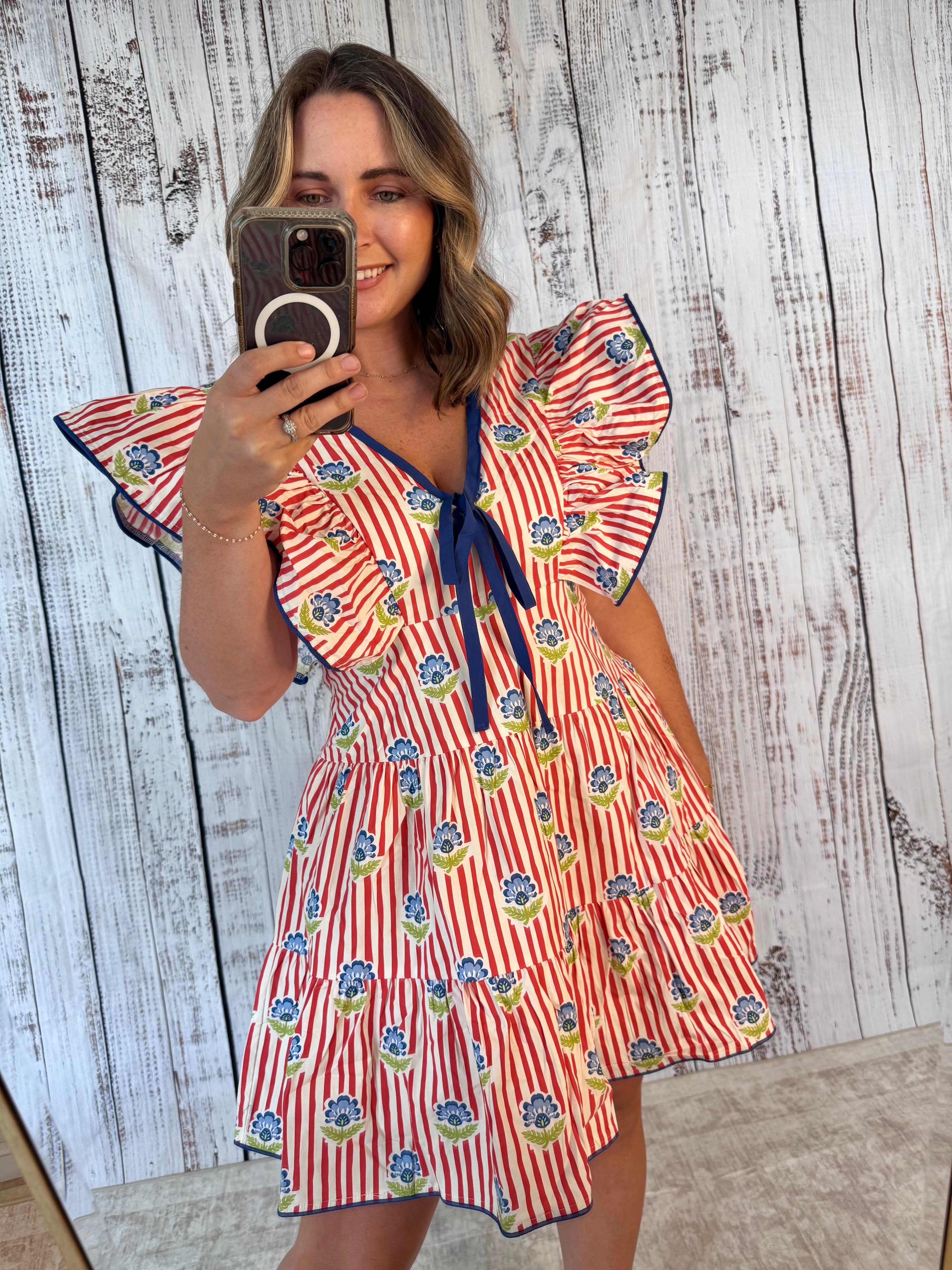 Stripe Floral Print Ruffle Mini Dress