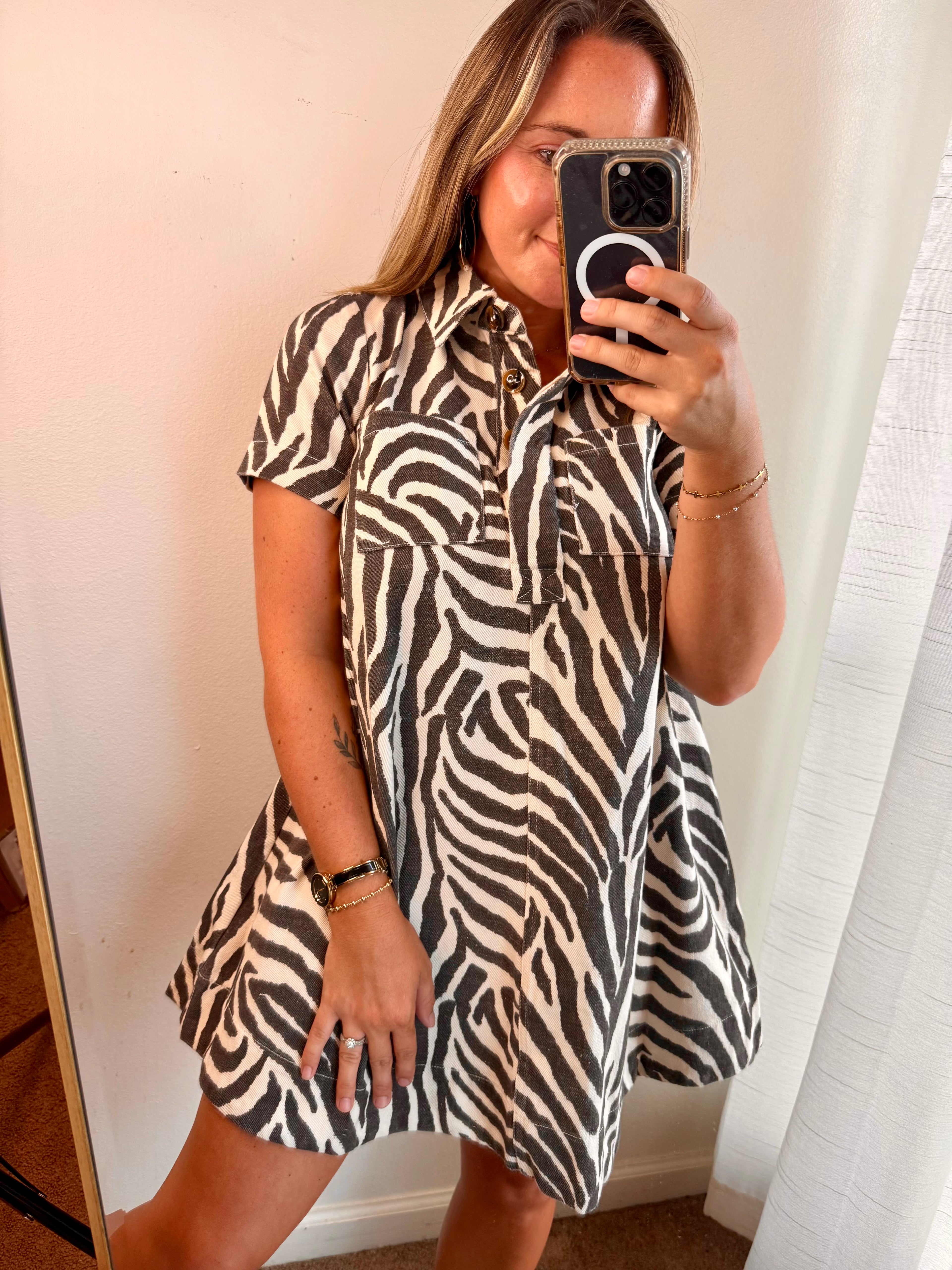 Zebra Print Button Down Collared Mini Dress
