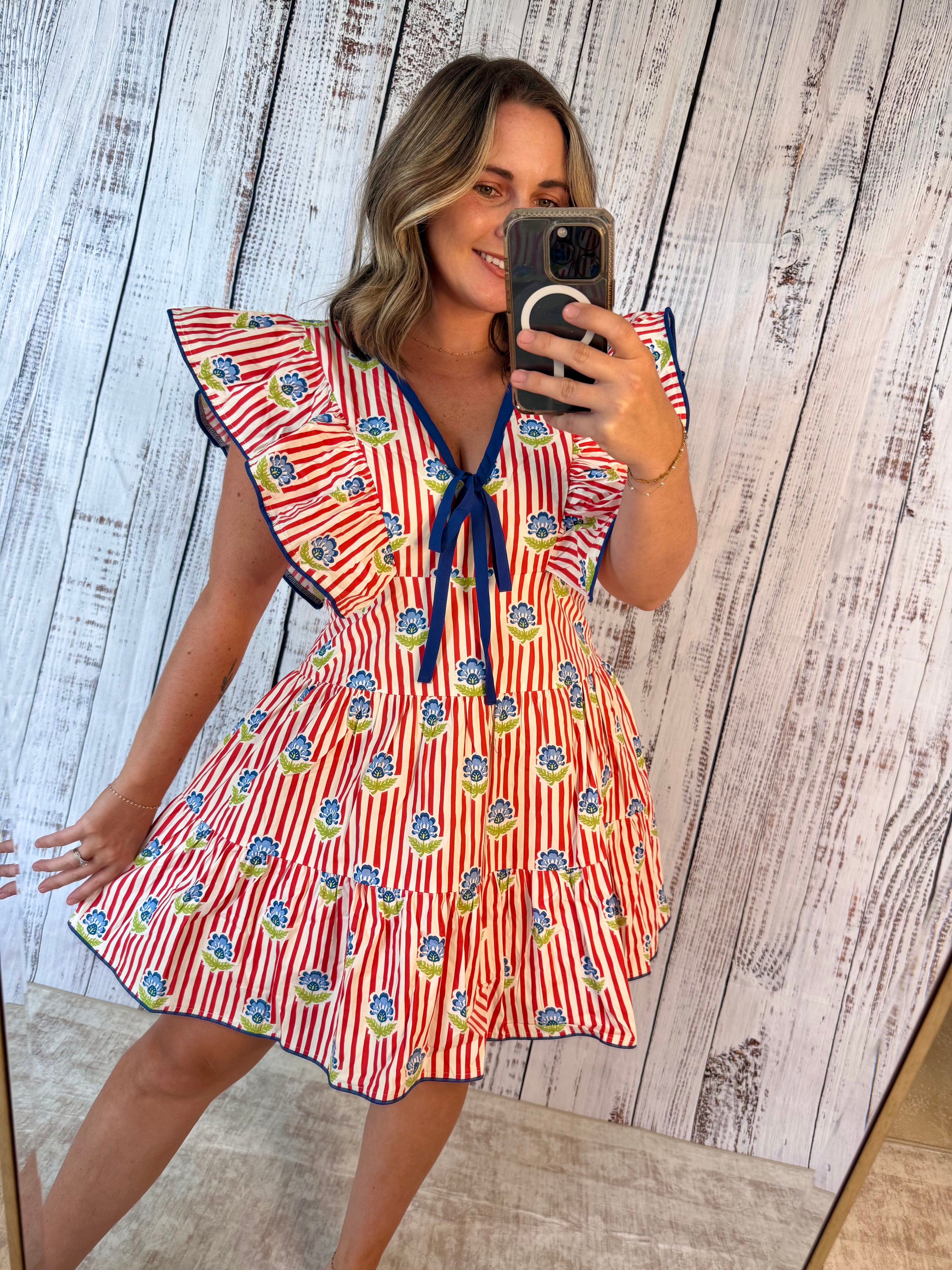 Stripe Floral Print Ruffle Mini Dress